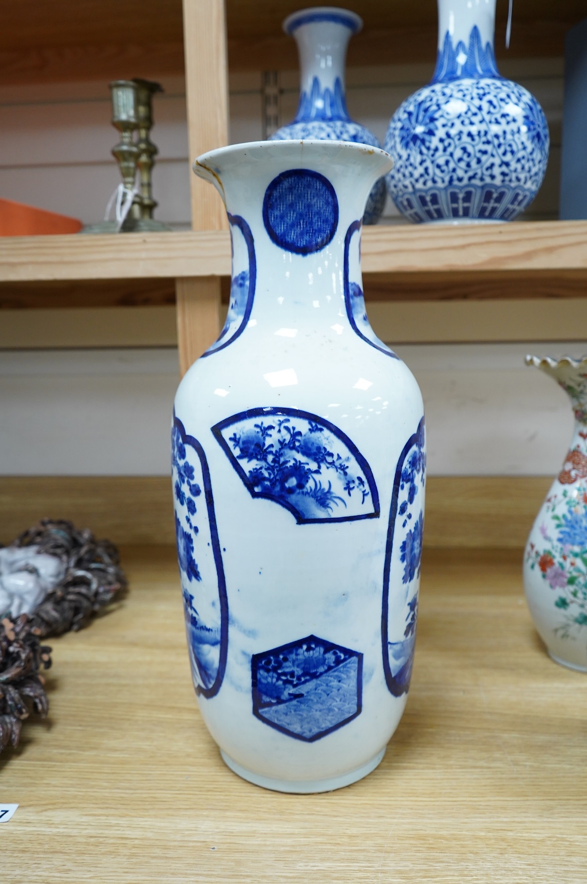 A Japanese blue & white vase, Meiji period, signed (later lamp mount), 49.5cm high